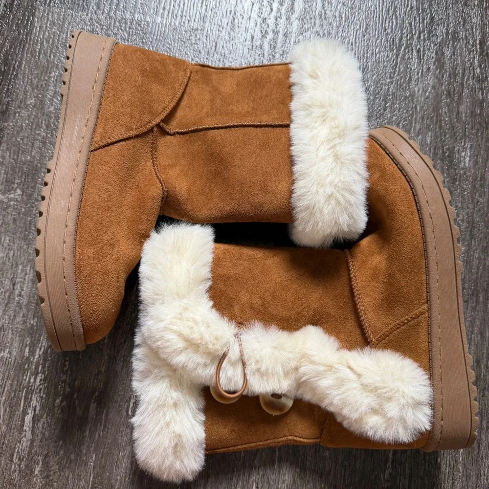 Unbranded Winter Boots Girls Size 2 Chestnut Brown Faux Fur Trim Toggle Suede